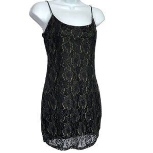 Lucy In The Sky Black Lace Slip Dress L Gold Metallic Party Mini Fairy Grunge‎
